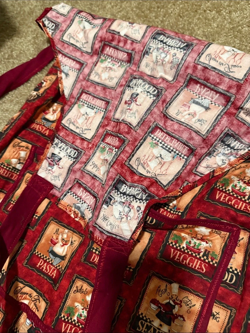 Red Chef Apron with Food-Themed Print